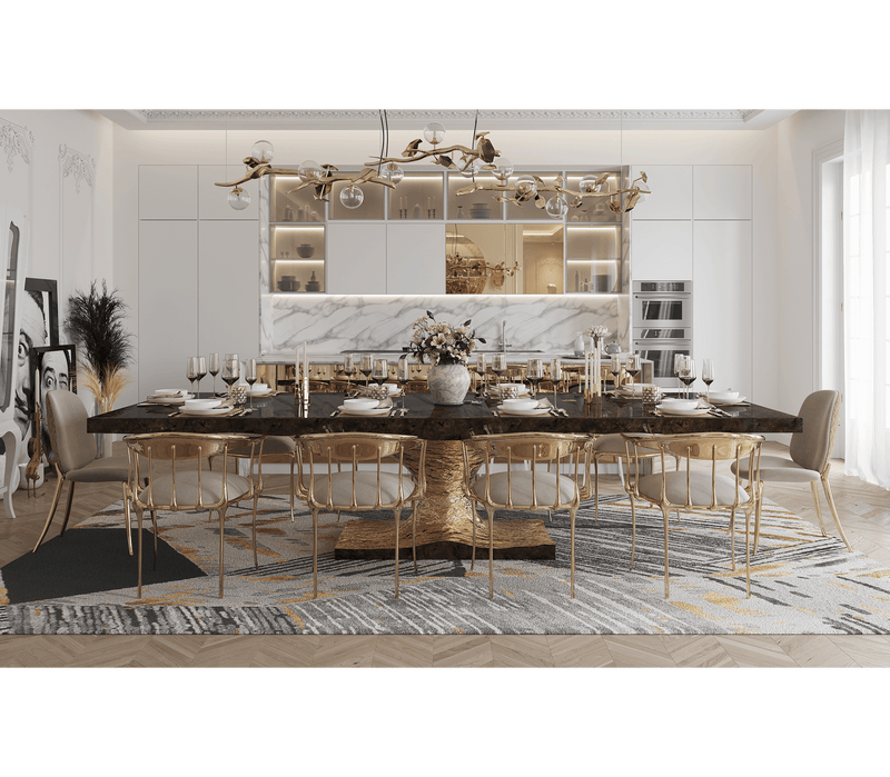 Unique Metamorphosis Dining Table with Conceptual Fossil Textures and Luxury Brass Details - Artistic Home Furniture.