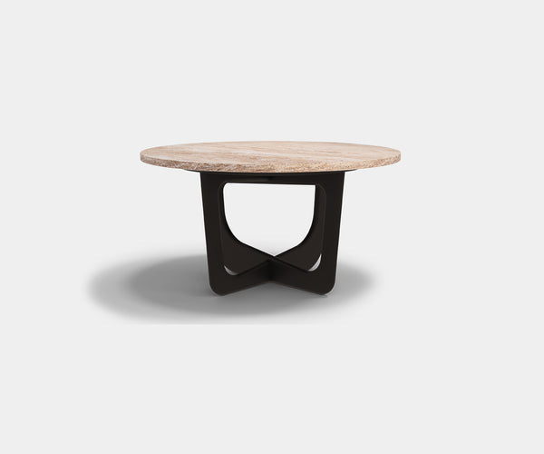 High-End Coffee Table: Round Travertine Marble with Sleek Lacquered Steel Base.