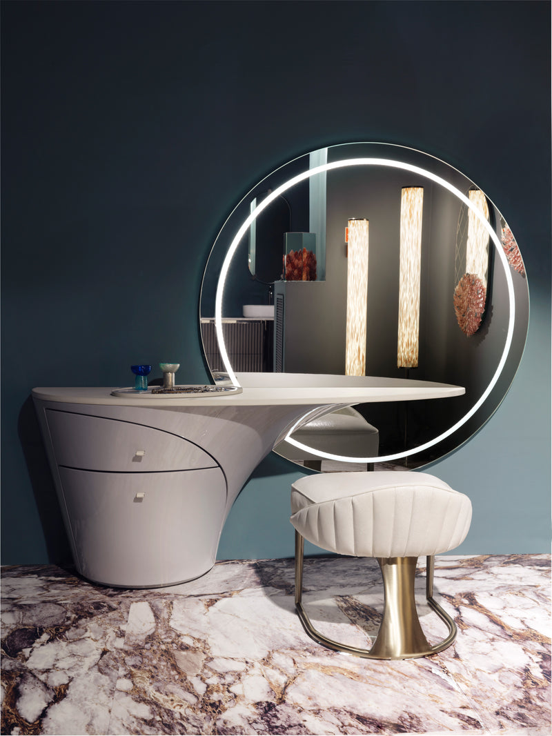 Modern Makeup Vanity with LED Mirror: Elevate your makeup routine with the Jet Plane Makeup Vanity by Visionnaire. This modern unit can be paired with a stunning round mirror featuring an optional integrated LED light for perfect illumination.