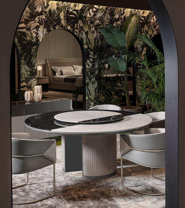 Luxury Marble Dining Table with Lazy Susan: The Visionnaire Palace Dining Table boasts a beautiful polished marble top and a convenient Lazy Susan for effortless serving during gatherings. This centerpiece is perfect for creating memorable dining experiences.