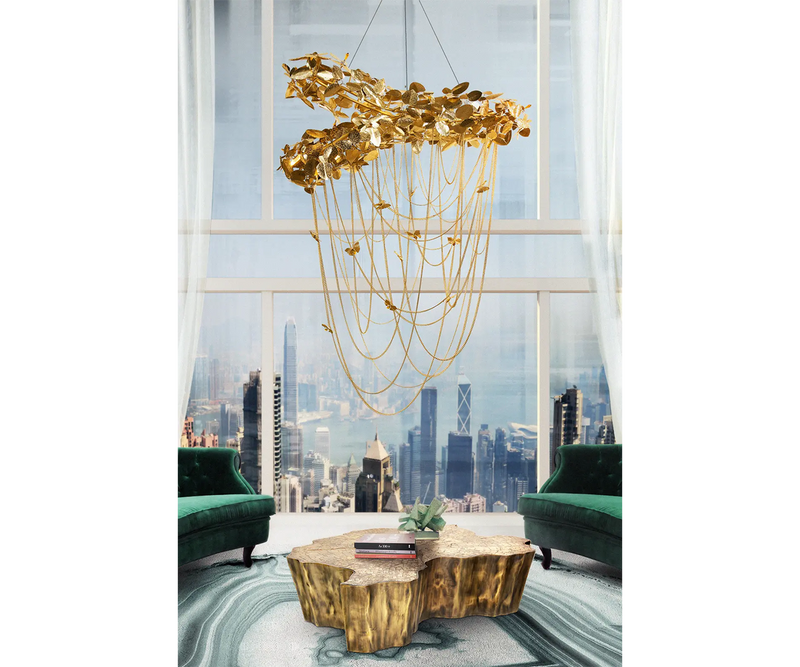 Gold-Plated Brass Chandelier with Cascading Butterflies & Flowers - Aurora