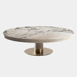 Visionnaire Franky Low Table: Modern luxury coffee table featuring a stunning combination of polished marble, a sleek stainless steel base with leather upholstery, and a matte lacquered undertop.
