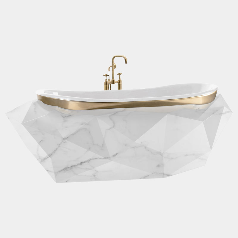 Luxurious faux-marble bathtub in a diamond shape, perfect for a high-end bathroom remodel.