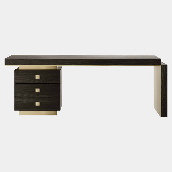 Luxury Bracon Desk with oak veneer and aged brass accents, perfect for minimalist modern office design.